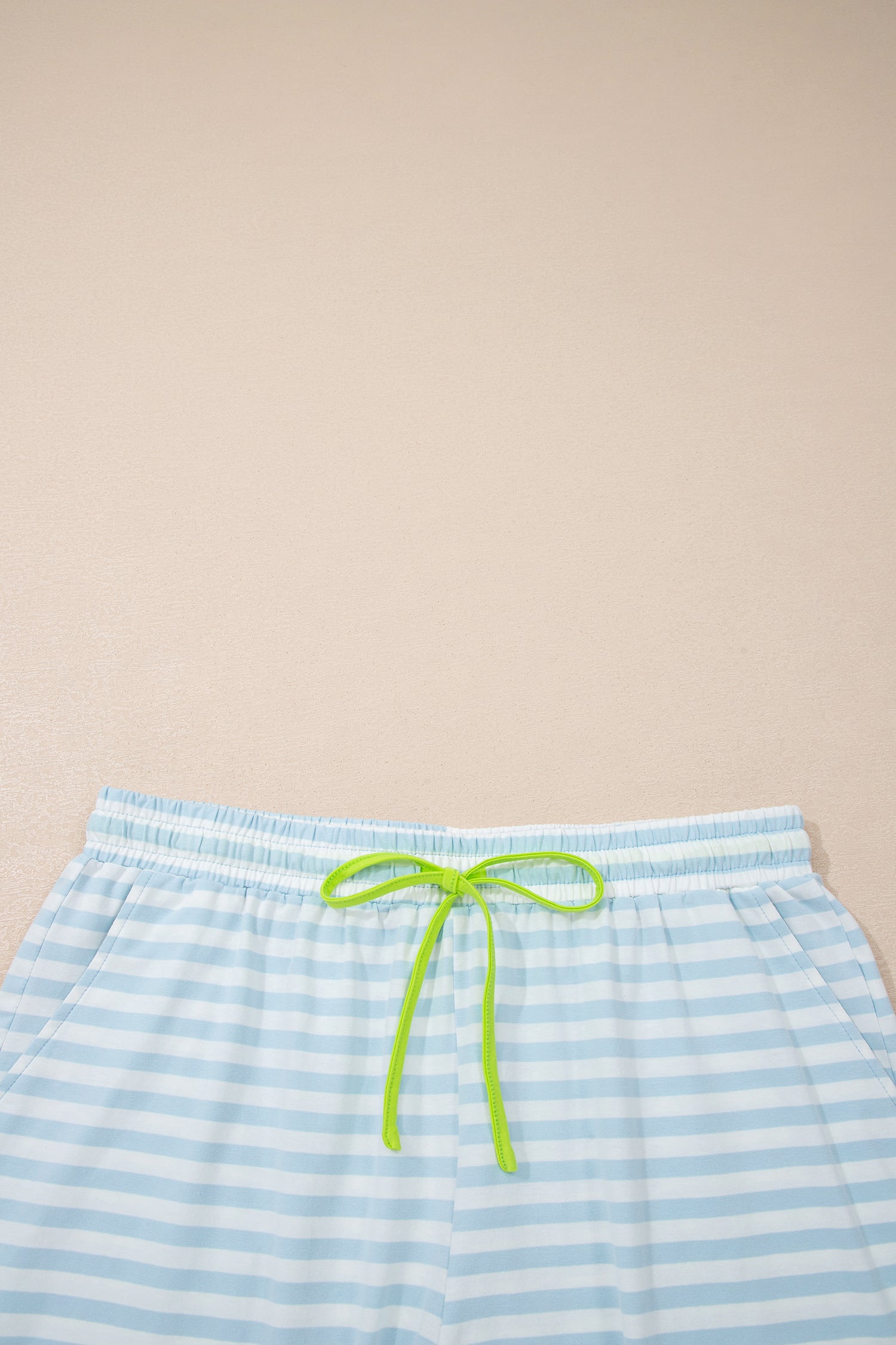 Sky Blue Stripe Contrast Neck Loose Tee and Drawstring Shorts Set