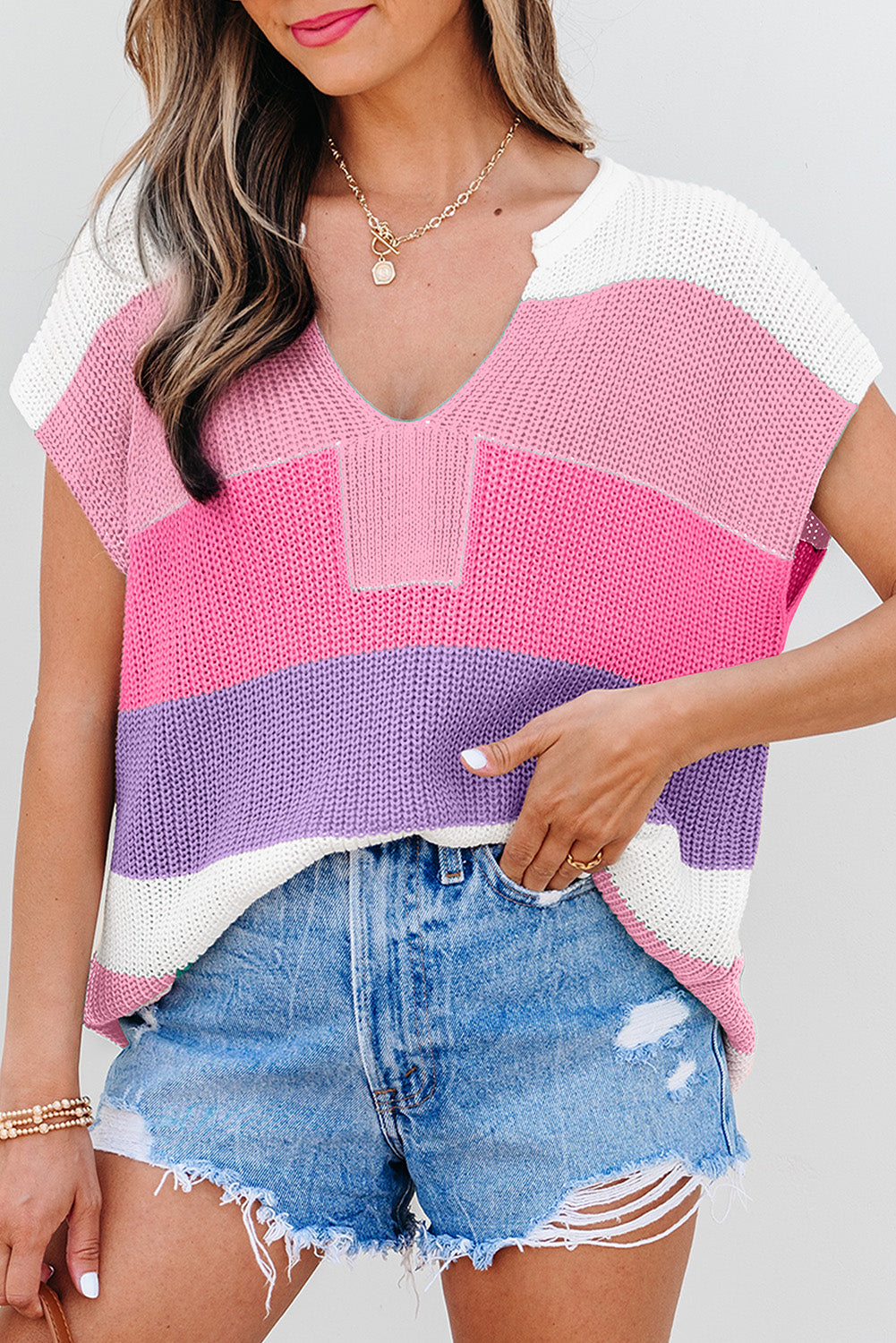 Light Blue Color Block Notch V Neck Sweater T Shirt