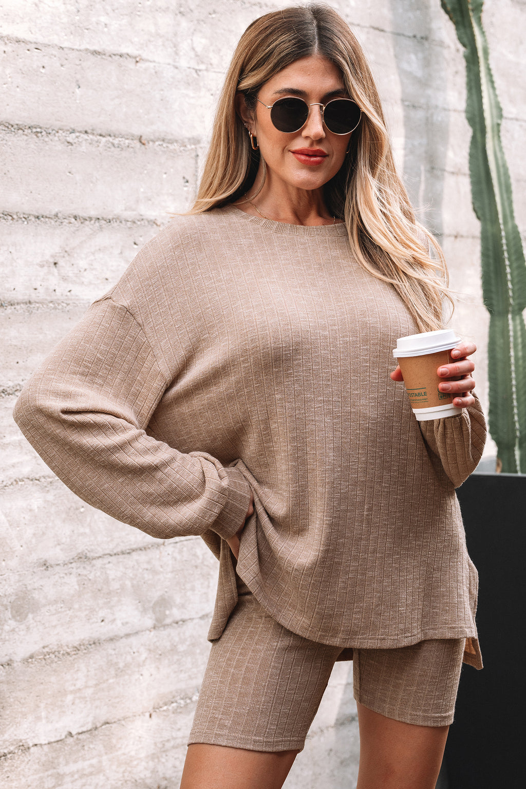 Dark Khaki Ribbed Balloon Sleeve Pullover Top and Biker Knitted Short Set