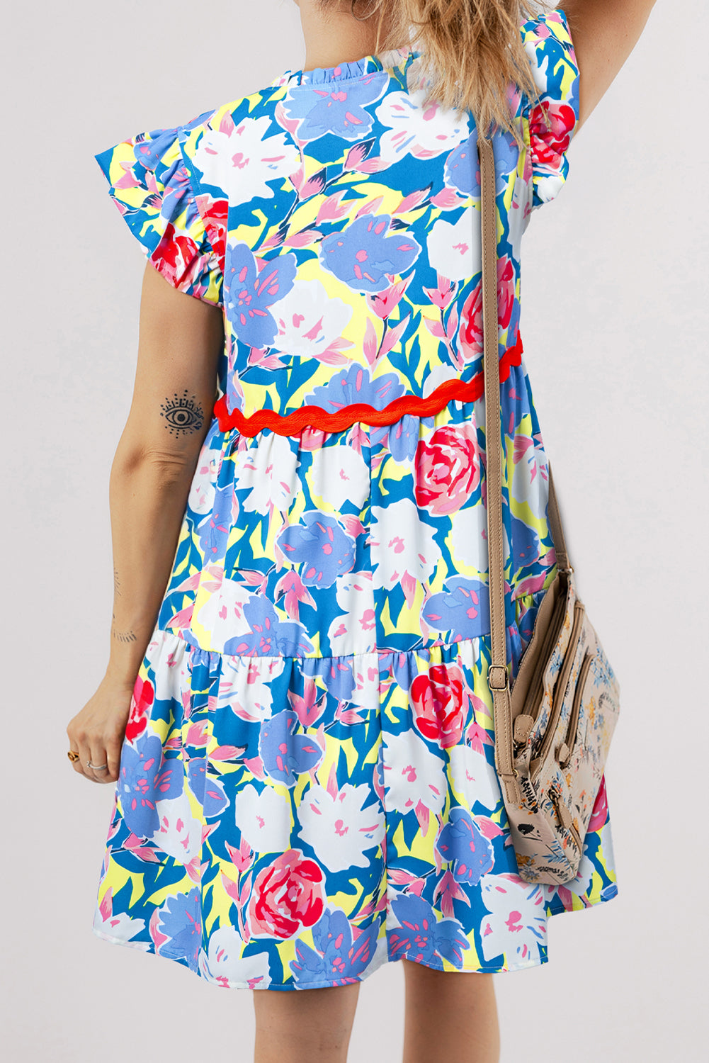 Pink Floral Printed V Notched Ric Rac Flutter Sleeve Dress