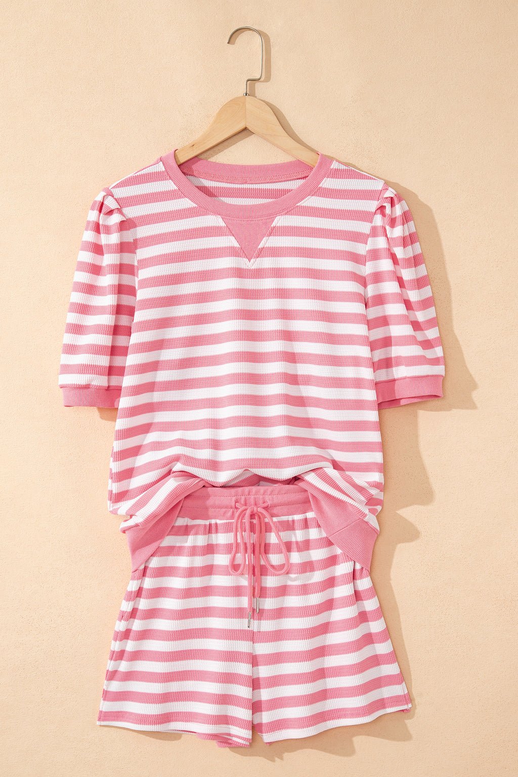 Pink Stripe Puff Short Sleeve T Shirt Matching Shorts Set