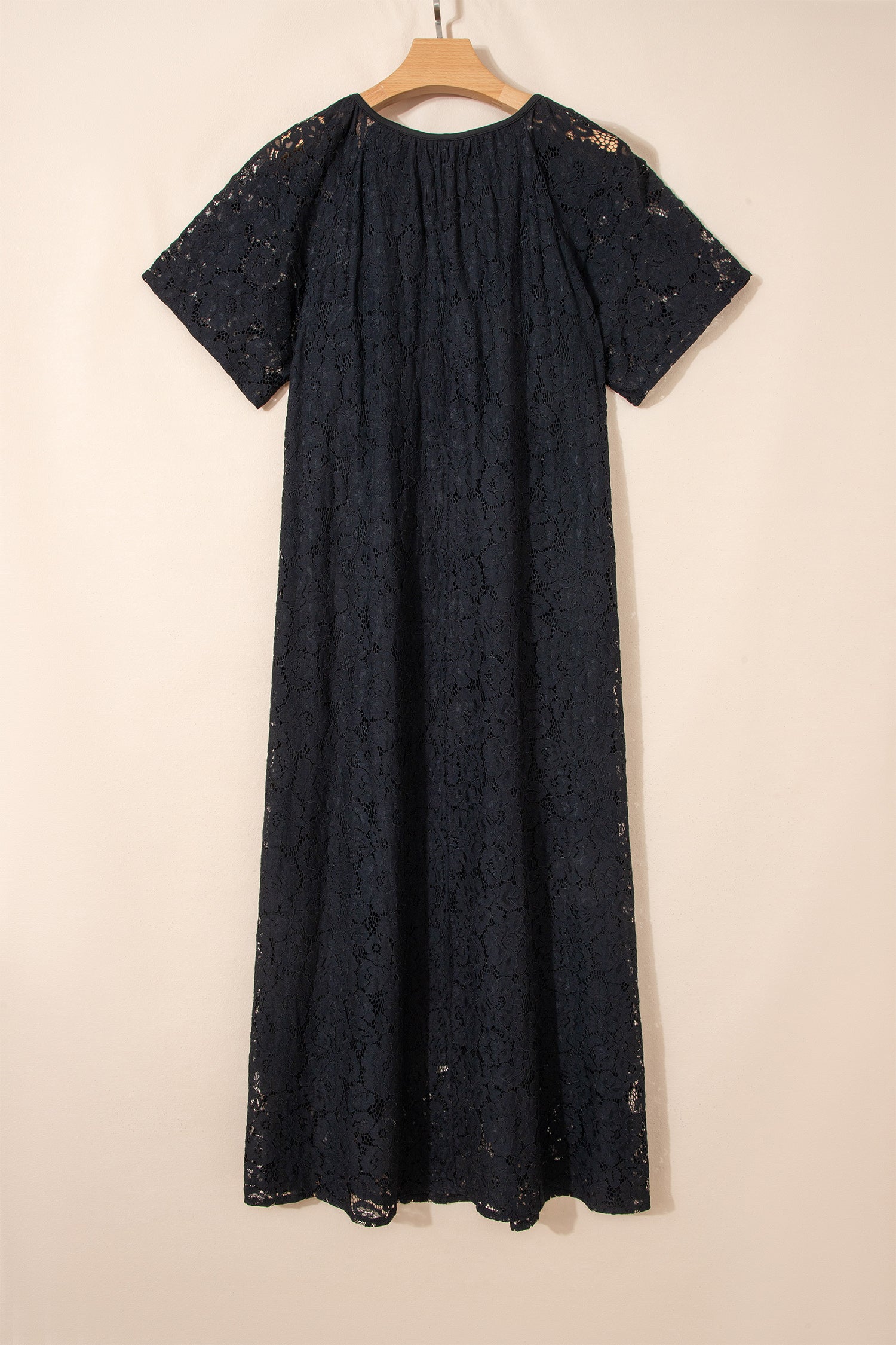 Black Floral Lace Overlay Tassel Tie Short Sleeve Beach Vacation Loose Maxi Dress