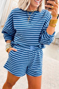 Blue Stripe Drop Shoulder Long Sleeve Pullover Elastic Waist Casual Short Set