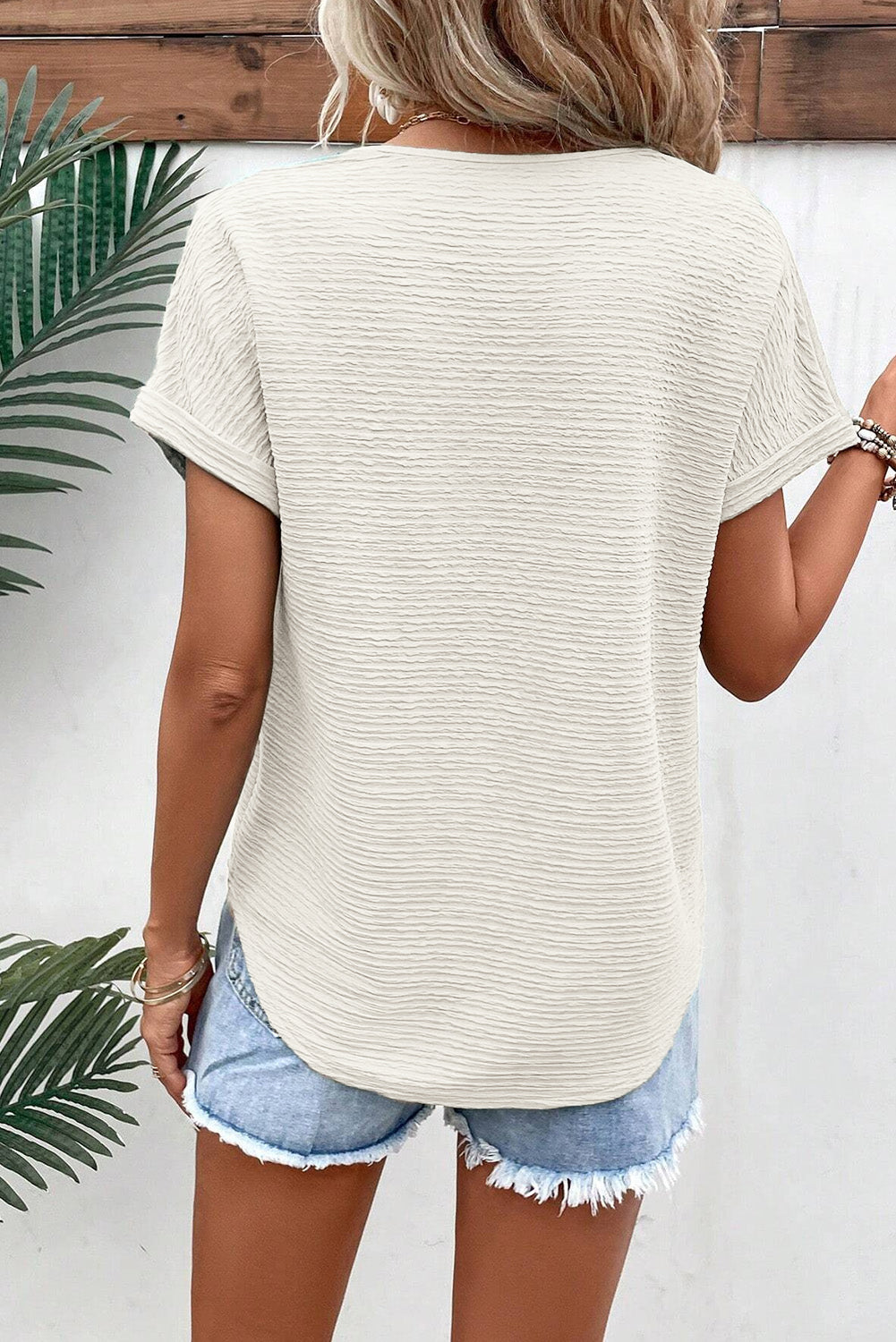 Grass Green Textured Wide Sleeve V Neck T Shirt