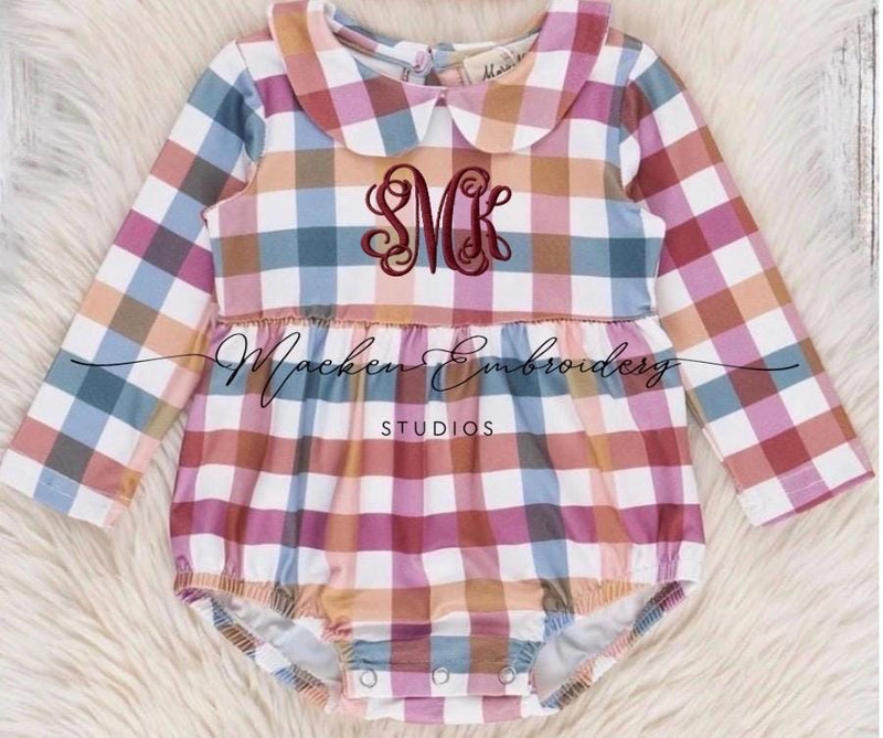 Fall Vibes-Plaid Cranberry Monogrammed Bubble Romper Boy and Girl Version
