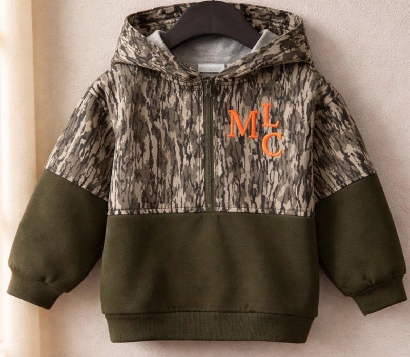 Camo Two Toned Half Zip Pullover with Stacked Initials for Boy. Half Zip, Hooded, Personalized